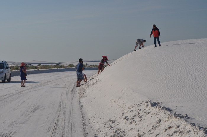visitors climbing a dune